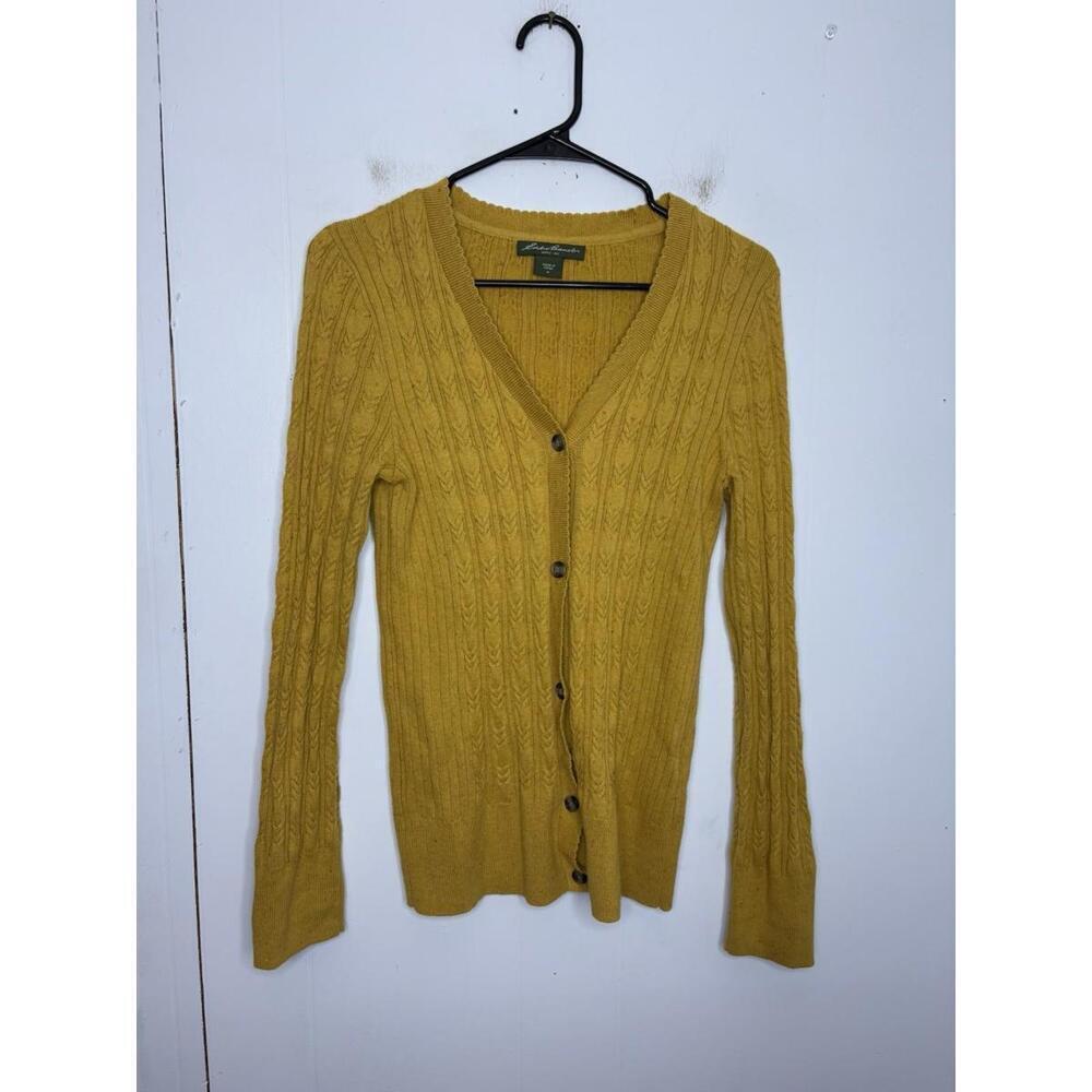 Eddie Bauer Sweater Womens M Cardigan V Neck Mustard Speckled Cableknit Scallop